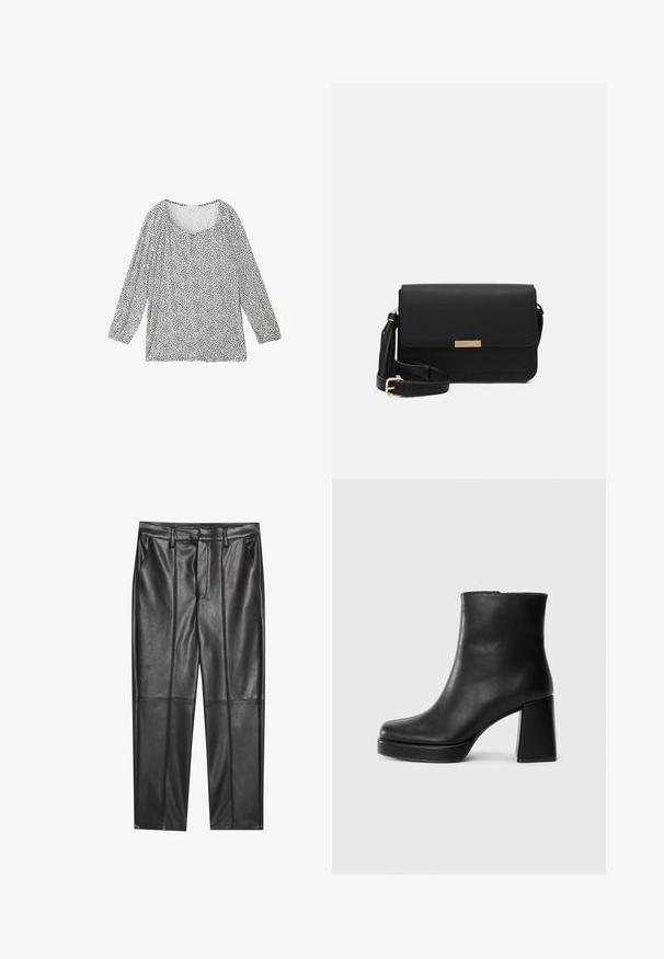 TOM TAILOR 3/4 ARM IN OPTIK - Camicetta - organic navy dot design; Pantaloni in pelle nera con una texture liscia, caratterizzati da un fit dritto, due tasche frontali e dettagli delle cuciture in evidenza.; Stivale alla caviglia in pelle nera con tacco a blocco e suola platform, visto di lato su uno sfondo bianco uniforme.; Borsa a tracolla in pelle nera con chiusura a patta, dettagli in oro, tracolla regolabile e superficie testurizzata. Forma rettangolare compatta.