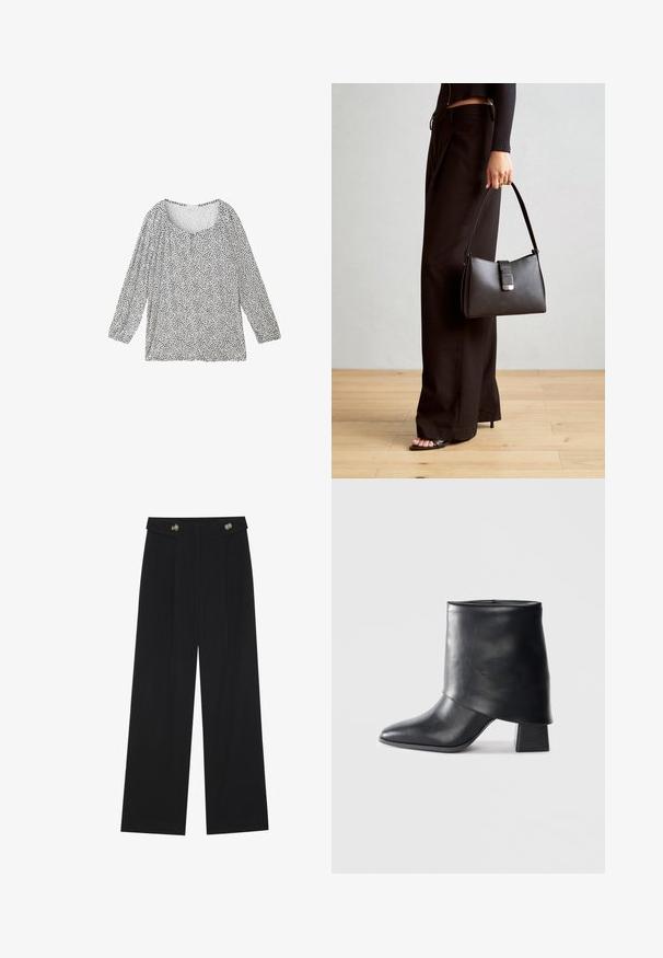 TOM TAILOR 3/4 ARM IN OPTIK - Bluse - organic navy dot design; Schwarze weite Hosen mit hoher Taille, Knopfdetails am Bund und vorderen Falten.; Schwarze Lederstiefelette mit spitzer Zehenform, glatter Oberfläche und strukturiertem Blockabsatz. Mit einem hohen, gefalteten Schaftdesign.; Schwarze Handtasche mit strukturierter Form, glatter Textur und einem metallischen Verschluss. Kombiniert mit weiten schwarzen Hosen und offenen Sandalen auf einem Holzboden.