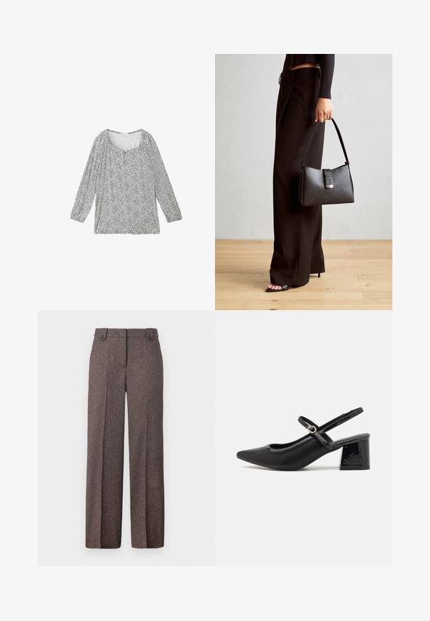 TOM TAILOR 3/4 ARM IN OPTIK - Pusero - organic navy dot design; Ruske leve hlače širokega kroja iz teksturiranega materijala. Imajo dve sprednji žepi in natančno prileganje z dvema gumboma na pasu.; Musta lakattu nahka slingback-korkokengät, joissa on terävä kärki, pyöreä aukko-muotoilu ja lohkokorko. Varustettu kultasävyisellä solkiyksityiskohdalla.; Musta käsilaukku, jossa on rakenteellinen muoto, sileä pinta ja metallinen solki. Yhdistetty leveisiin mustiin housuihin ja avonaiheisiin sandaaleihin puulattialla.