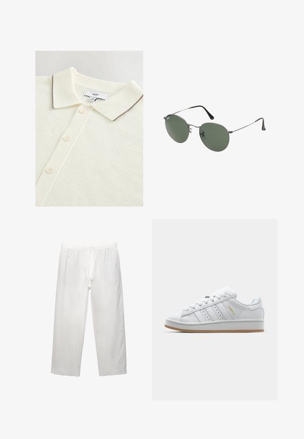 Kermanvärinen polo-paita, jossa on tekstuuriin perustuva ribbikuvio. Paidassa on kontrastivärinen ruskea reunus kauluksessa ja viisi nappia edessä.; Valkoinen puuvillapaita lyhyillä hihoilla, pyöreällä kaula-aukolta ja rentoa istuvuutta. Sujuva pinta ilman näkyviä kuvioita tai korostuksia.; Valkoiset pellava-housut, joissa on elastinen vyötärö ja naru, leveät lahkeet ja siistit saumat. Sileä pinta ja rento istuvuus.; Valkoiset tennarit, joissa on läpikuultava kolmiraidallinen muotoilu, tekstuuriset korostukset, kumipohja ja kultainen "CAMPUS" -logo sivulla.; Aurinkolasit metallikehyksillä, joissa on soikeat vihreät linssit. Ohut hopeinen metallikehys ja mustat korvapehmusteet. Minimalistinen muotoilu, ei näkyviä logoja.