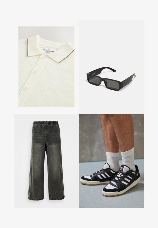 Kreemivärvi polo särk tekstuurse ribakujundusega, millel on kontrastne pruun äär krael ja viis nuppu ees.; Mustmust värvi denim püksid elastse vöökoha ja laiade jalgadega, millel on külgedel peened vertikaalsed õmblusdetailid.; Mustvalged ja valged spordijalatsid, mille pealmine osa on valmistatud suede'ist ja nahast. Kingadel on kolm valget riba, auguline varvas ja kummist tald.; Mustad prillid ristkülikukujuliste läätsedega, matt plastikust raam ja sirged servad. Omab brändi logo sisemise varre peal.; Valge pärlkaelakee, millel on ühtlane ümar kuju, sile pind ja metallist kinnitusbüts koos pikendusahelaga reguleeritava pikkuse jaoks.