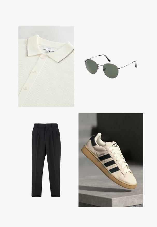 Kreemivärvi polo särk tekstuurse ribakujundusega, millel on kontrastne pruun äär krael ja viis nuppu ees.; Mustad püksid, millel on voltidega eesmine disain, valmistatud siledast kangast. Omab nup closure ja vöökinnitusauke; sirge jalgade lõige.; Beež nahast tossud kolme tumesinise triibuga, valged nöörid ja pruun kummitald. Omab logo keelel ja teksti "CAMPUS".; Metallist raamistikuga prillid ovaalsete roheliste läätsedega. Õhuke hõbedane metallraam ja mustad kõrvakatted. Minimalistlik disain, nähtavad logod puuduvad.