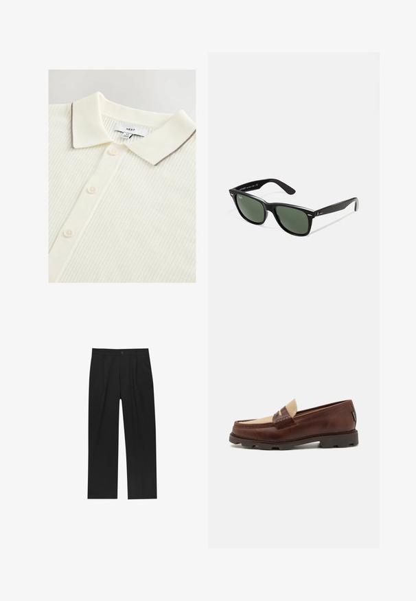 Polo in color crema con un design a costine testurizzato, caratterizzato da una rifinitura marrone a contrasto sul colletto e cinque bottoni sulla parte frontale.; Pantaloni neri con un design a gamba dritta, realizzati in un tessuto liscio. Presentano pieghe frontali e una chiusura a un bottone in vita.; Mocassini in pelle marrone con accentuazione in tela taupe, dettaglio cucito e suola in gomma testurizzata progettata per comfort e durata.; Occhiali da sole in plastica nera con lenti verdi, montatura quadrata, dettaglio argento sulla parte superiore e steli con texture. Marchio indicato sulla parte interna dello stelo.