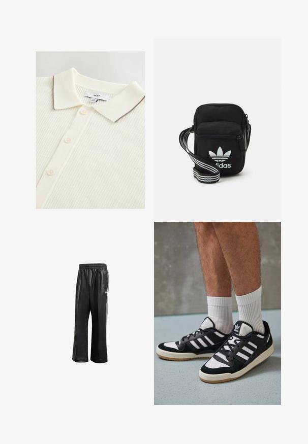 Camisa polo color crema con un diseño de canalé texturizado, que presenta un ribete marrón contrastante en el cuello y cinco botones en la parte delantera.; Pantalones de chándal sintéticos negros con cinturilla elástica, que presentan rayas laterales blancas y un pequeño logo blanco en la cadera izquierda.; Zapatillas en blanco y negro con parte superior de ante y cuero, que presentan tres franjas blancas, una puntera perforada y una suela de goma.; Bolso cruzado de tela negra con cierre de cremallera, que presenta un logo blanco de Adidas y una correa ajustable a rayas para un fácil transporte.
