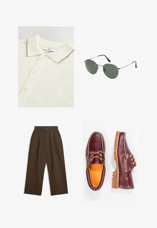 Cream-colored polo shirt with a textured ribbed design, featuring a contrasting brown trim on the collar and five buttons down the front.; Brown pleated trousers with a wide-leg design, featuring a button closure and side pockets, made of textured fabric suitable for casual wear.; Burgundy leather shoes with brown rubber soles, round toe, white stitching, and gold eyelets. Interior features a yellow lining.; Metal-framed sunglasses with oval green lenses. Thin silver metal frame and black ear tips. Minimalist design, no visible logos.