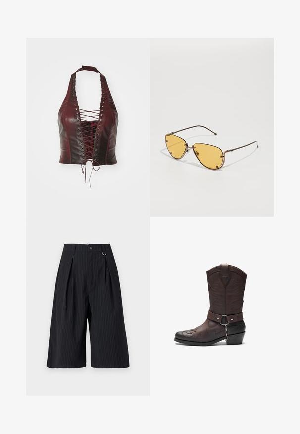 Top in pelle bordeaux con allacciatura frontale, dotato di occhielli in metallo, silhouette aderente e texture liscia, che offre un design strutturato.; Pantaloni shorts neri a righe con pieghe, chiusura a bottone e accento in anello metallico. Tessuto liscio con una vestibilità su misura e design lunghezza ginocchio.; Stivale da cowboy in pelle marrone con cuciture decorative, punta appuntita e tacco a blocco di medie altezze, dotato di una fascia e dettagli in catena.; Occhiali da sole con tonalità gialla, dotati di lenti angolari, montatura in metallo sottile di colore marrone e arricchiti da piccoli dettagli circolari.