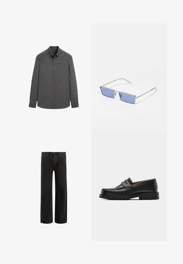 Grijze langemouwen shirt gemaakt van een textuurstof, met een button-down kraag en knopen aan de voorkant, met een gebogen zoom.; Zwarte denims met wijde benen en een hoge taille, met een klassiek vijf zakken ontwerp en subtiele vervaging voor een textuur uitstraling.; Zwarte leren instappers hebben een verhoogde naad, twee decoratieve banden op de bovenkant en een dikke, gestructureerde zool voor extra grip.; Metalen zonnebril met een rechthoekige vorm, blauw getinte glazen en een zilveren frame. Het heeft neuskussentjes en dunne, rechte scharnieren.