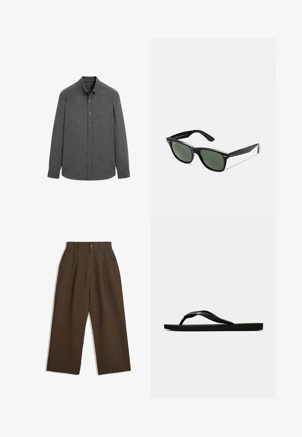 Grå langærmet skjorte lavet af et struktureret stof, med en knap-ned krave og frontknapper, samt en buet nederste kant.; Brune, plisserede bukser med et vidde-design, der har en knaplukning og sidelommer, lavet af struktureret stof, der er egnet til afslappet brug.; Sorte gummiflip-flopsandaler med en tekstureret rem og simpel flad sål, vist fra siden på en lys ensfarvet baggrund.; Sorte plastiksolkaber med grønne linser, firkantede stel, sølvaccent på brynene og teksturerede templede arme. Angivet mærke på den indre arm.