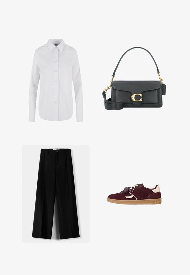 Camicia bianca a maniche lunghe con bottoni, caratterizzata da un colletto classico, una texture liscia e sei bottoni frontali. Vestibilità su misura con orlo curvo.; Top corsetto a righe nere con un design strutturato, caratterizzato da un collo piegato e una texture liscia. Il tessuto appare robusto e sartoriale.; Pantaloni neri a gamba larga realizzati in tessuto leggero, caratterizzati da una chiusura frontale con bottone e frontale piatto, con orli cuciti con precisione.; Sneaker in suede bordeaux con accenti bianchi, dettagli testurizzati, suola spessa in gomma e lacci decorati per una vestibilità sicura.; Borsa a tracolla in pelle nera con accessori in metallo dorato, dotata di una chiusura distintiva, di una tracolla rimovibile e di una superficie texturizzata.; I orecchini a nappina argentati presentano un design intricatamente perline, con fili pendenti di catena fine e un accento annodato nella parte superiore.