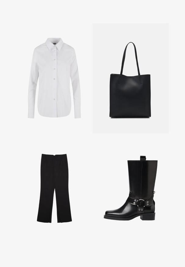 Weißes Langarm-Hemd mit Knöpfen, ausgestattet mit einem klassischen Kragen, glatter Textur und sechs Frontknöpfen. Taillierte Passform mit abgerundetem Saum.; Schwarze Hose mit geradem Schnitt, ausgestattet mit Fronttaschen und Seitenschlitzen am Saum. Hergestellt aus weichem, glattem Stoff. Geeignet für verschiedene Anlässe.; Schwarze Lederstiefel bis zum Knie mit spitzer Zehenform, silbernen Schnallenakzenten und einem klobigen Absatz. Verfügt über eine Zuglasche für einfaches Anziehen.; Schwarze Laptoptasche aus Leder mit glatter Textur, rechteckiger Form und zwei langen Griffen. Keine sichtbaren Beschläge oder Verzierungen.