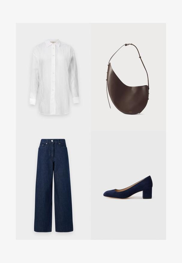 Baltas marškinių mygtukas, pagamintas iš tekstūruotos medžiagos su subtiliomis juostelėmis, su smailiu apykakle, ilgomis rankovėmis ir suapvalintais rankogaliais.; Aukštos juostos tamsiai mėlynos plačios kojos džinsai su mygtuko uždarymu, priekinių kišenių ir diržo kilpų ant baltos fono.; Tamsiai mėlynos zomšos bateliai su smailiu nykščiu ir vidutinio aukščio blokiniu kulnu. Lygi tekstūra su subtiliu blizgesiu ir mažas įpjovimas priekyje.; Ruda odinė rankinė, turinti kreivą formą, vieną diržą ir minimalistinį dizainą. Sukurta su subtiliu logotipu ir auksiniais detalėmis.