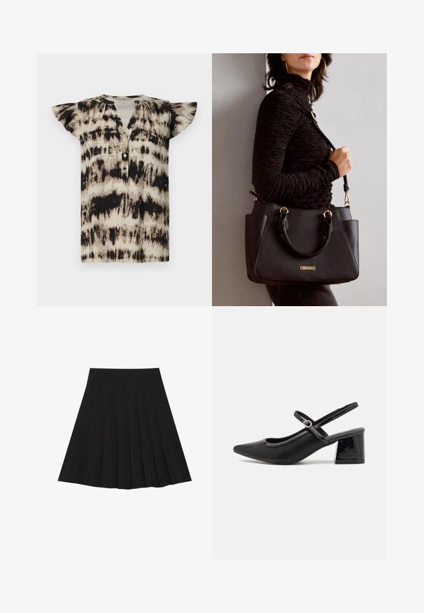 Top a maniche corte, con bottoni, in tessuto beige e nero con motivo tie-dye. Tessuto morbido con maniche a sbuffo e vestibilità comoda. Collo rotondo.; Gonna nera plissettata realizzata in tessuto strutturato con una vita aderente. Cade all'altezza del ginocchio, presentando una silhouette liscia e pulita.; Décolleté in vernice nera con cinturino dietro, punta affusolata, design con ritagli arrotondati e tacco a blocco. Presenta un accento di fibbia tono oro.; Borsa nera con superficie texturizzata, manici superiori doppi e tracolla regolabile. Dotata di hardware color oro e tasche laterali.