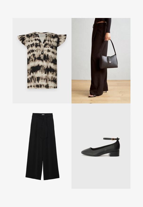 Cămașă cu mâneci scurte și nasturi, în nuanțe de bej și negru cu model tie-dye. Material moale, cu mâneci evazate și o croială lejeră. Decolteu rotund.; Pantaloni largi negri dintr-un material texturat, cu un tiv elastic și o panglică detașabilă la talie pentru un fit ajustabil.; Pantof cu toc negru din piele, cu vârf ascuțit și toc mic pătrat. Dispune de o curea la gleznă cu o cataramă în tonuri de aur. Textură netedă.; Genți negre cu o formă structurată, textură netedă și un închizător metalic. Asortată cu pantaloni negri largi și sandale cu vârf deschis pe un podea din lemn.