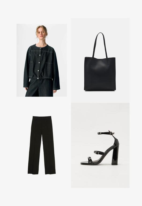 Schwarze Jeansjacke mit vertikalen weißen Streifen, runder Halslinie, zwei Fronttaschen, Druckknopfverschluss und lässigen Ärmeln.; Schwarze weit geschnittene Hosen aus glattem Stoff, ausgestattet mit einem taillierten Bund und dezenten vorderen Falten für zusätzliche Struktur.; Schwarze patentierte Sandalen mit Absatz, quadratischer Spitze, Knöchelriemen und silbernen Schnallen. Mit einem stabilen Blockabsatz für mehr Stabilität.; Schwarze Laptoptasche aus Leder mit glatter Textur, rechteckiger Form und zwei langen Griffen. Keine sichtbaren Beschläge oder Verzierungen.