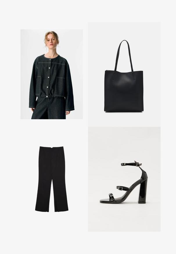 Veste en denim noir avec des rayures verticales blanches, col rond, deux poches avant, fermeture à boutons-pression et manches à coupe décontractée.; Pantalon noir avec une coupe droite, doté de poches avant et d'éclairs sur l'ourlet. Fabriqué en tissu doux et lisse. Convient à diverses occasions.; Sandales à talons vernies noires avec un bout carré, des sangles autour de la cheville et des boucles en argent. Dotées d'un talon bloc épais pour plus de stabilité.; Sac fourre-tout en cuir noir avec une texture lisse, de forme rectangulaire et deux longues poignées. Pas de matériel ou d'ornementations visibles.