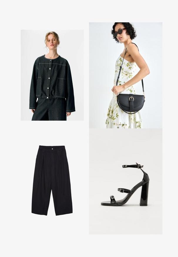 Zwarte denimjas met verticale witte streepjes, ronde halslijn, twee voorzakken, drukknoopsluiting en relaxte mouwen.; Zwarte polyester culottes met een elastische tailleband, twee voorkreukels en een losse pasvorm. Geen zichtbare patronen of hardware-details.; Zwarte gepatenteerde sandalen met hak en een vierkante neus, enkelbandjes en zilveren gespen. Heeft een stevige blokhak voor stabiliteit.; Zwarte leren handtas met een gebogen vorm, afneembare schouderband en gouden hardware. De tas heeft een klep met een gespsluiting.