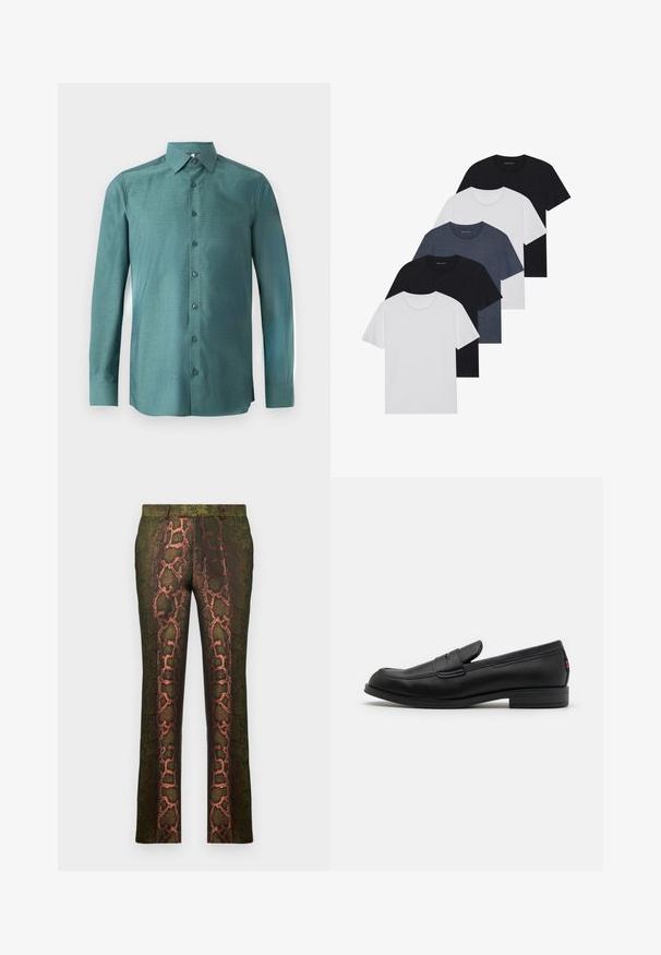 Košile s dlouhým rukávem vyrobená z teálové látky s texturovanou tkaninou, s knoflíkovým zapínáním vpředu, špičatým límcem a sladěnými knoflíky. Lehce přiléhavý střih.; Sada pěti triček v černé, bílé a námořnické modré barvě. Bavlněná tkanina, krátké rukávy, kulatý límec a hladký povrch bez vzorů.; Zelené kalhoty s potiskem hada v odstínech hnědé a oranžové, rovného střihu a hladké textury.; Černé kožené mokasíny s hladkým povrchem, kulatou špičkou a malým dekorativním klopou. Mají nízký stočený podpatek a decentní branding.