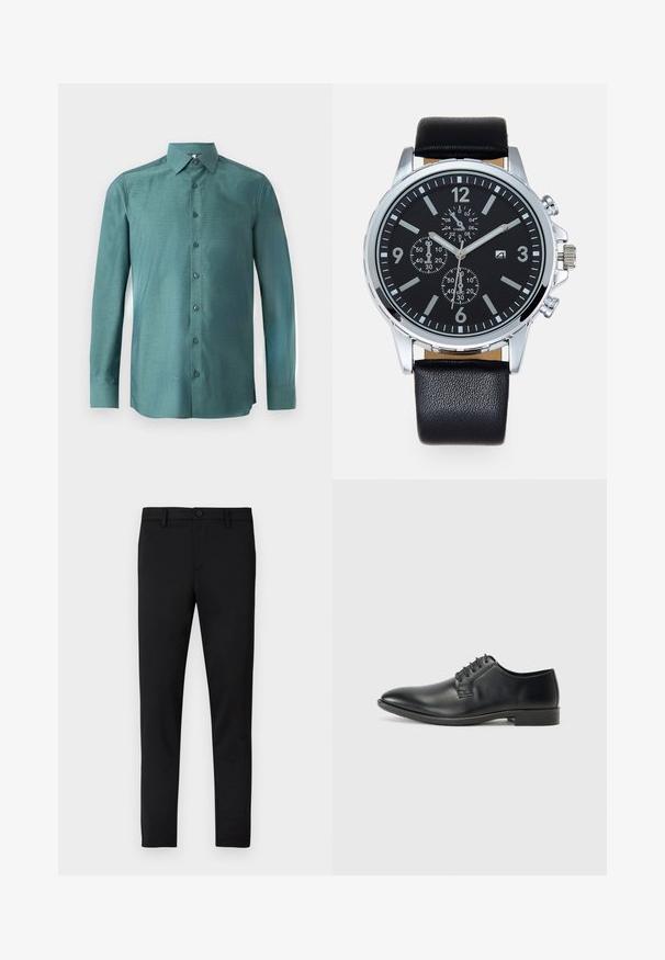 Long-sleeve shirt in teal fabric with a textured weave, button-up front, pointed collar, and matched buttons. Slightly fitted design.; Black fitted trousers with a smooth texture, button closure, belt loops, and no visible patterns or accents.; Black leather dress shoe with a smooth surface, lace-up design, pointed toe, and a low-profile rubber sole. Minimalist shape and accents.; Black leather strap watch with a silver stainless steel case. Black dial features white hour markers, silver hands, and three sub-dials.