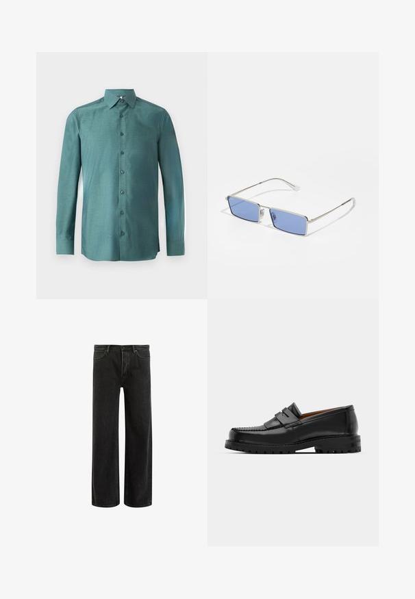 Camicia a maniche lunghe in tessuto teal con una trama texturizzata, chiusura frontale con bottoni, colletto asola e bottoni abbinati. Design leggermente aderente.; Jeans wide-leg in denim nero con vita alta, caratterizzati da un classico design a cinque tasche e da un leggero sbiadimento per un aspetto testurizzato.; I mocassini in pelle nera presentano una cucitura sollevata, due fasce decorative sulla parte superiore e una suola spessa e texture per una maggiore aderenza.; Occhiali da sole in metallo con forma rettangolare, lenti colorate di blu e montatura argentata. Presentano naselli e gambe sottili e dritte.