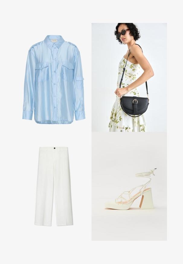 Világoskék hosszú ujjú selyem ing gombos elülső résszel, két mellzsebbel és vállnál lévő epauletten.; Fehér, bő szabású nadrág, sima textúrával, elöl gombos záródással és övhurkokkal, kényelmes szabású.; Fehér, magassarkú szandál vastag sarokkal, pántos dizájnnal és bokapánttal. Sima textúra, elülső platformmal a megnövelt magasság érdekében.; Fekete bőrtáska ívelt formával, levehető pánttal és arany színű fémrészekkel. A táskán egy csattal díszített fedél található.