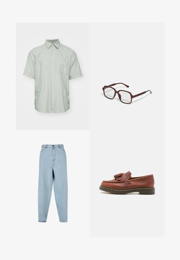 Camicia a maniche corte con bottoni di colore verde chiaro, realizzata in tessuto texturizzato, dotata di una tasca sul petto e di un piccolo etichetta del marchio sulla tasca.; T-shirt bianco in cotone, collo rotondo, maniche corte, vestibilità comoda, texture liscia, senza motivi o dettagli visibili.; Jeans azzurri a vita alta con vestibilità rilassata. Presentano un bottone frontale, chiusura con zip e design a cinque tasche. Tessuto leggermente sbiadito.; Mocassino in pelle marrone con dettagli in frange, superficie testurizzata e cuciture gialle in contrasto lungo la suola in gomma nera. Vista laterale.; Occhiali rettangolari marroni con lenti trasparenti e tonalità viola. Montatura in plastica liscia con stanghette dritte e accenti sottili.; Collana in argento con maglie spesse e un pendente circolare centrale caratterizzato da dettagli intricati. Superficie metallica liscia e riflettente.