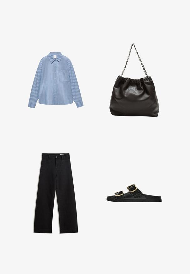 Camicia a maniche lunghe blu a righe con chiusura frontale con bottoni, colletto classico e taschino sul petto. Tessuto leggero con una vestibilità rilassata.; Pantaloni in denim neri a gamba larga con vita alta, dotati di tasche anteriori e posteriori, cuciture a punto, e chiusura con bottone. Texture liscia.; Infradito neri con due accenti di fibbia dorata, materiale dalla texture liscia, suola piatta e design minimalista.; Borsa in pelle marrone con parte superiore arricciata e tracolla a catena. Texture liscia con finitura lucida e dettagli di cucitura sottili sui lati.