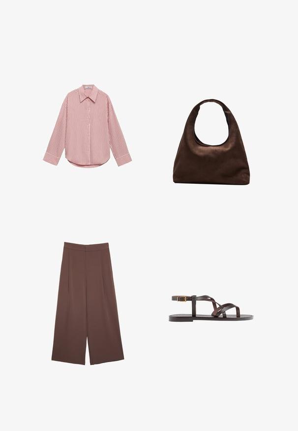 Long-sleeve shirt in light pink with vertical white stripes. Features a pointed collar, front buttons, and a rounded hem. Soft fabric texture.; Brown wide-leg trousers with a smooth texture, featuring a high waist and front pleats. The fabric is lightweight and flows loosely.; Brown leather sandal featuring crisscross straps, an ankle buckle closure, and a flat sole with minimal stitching details.; Soft brown hobo-style handbag with a single wide strap and a curved top handle opening, displayed on a white background.