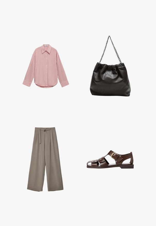 Langærmet skjorte i lys pink med lodrette hvide striber. Har en spids krave, frontknapper og en rund kant. Blødt stof med en behagelig tekstur.; Vide ben bukser i et blødt, afdæmpet grå stof, med en bælte i taljen og plisseringer for ekstra designdetalje. Glat tekstur, ingen mønstre.; Brun lædersandal med udskæringsdesign, justerbar sidebuckle og flad sål, med metalaccentuer og åben tå.; Brun lædertaske med en rynket top og en kædestrop. Glat tekstur med en blank finish og subtile sømdetaljer på siderne.