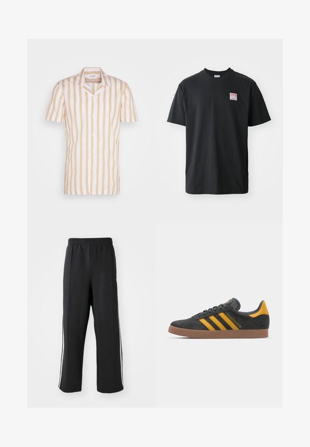 Lyhythihainen paita vaaleasta beigeistä ja valkoisista pystyraitoista. Tässä paidassa on klassinen kaulus ja napitus edessä, se on valmistettu kevyestä kankaasta.; Mustat puuvillapaidat, joissa on pyöreä kaula-aukko, lyhyet hihat ja pieni värillinen etiketti vasemmassa rinnassa, jossa on sanat "SUPERIOR."; Mustat hupparit, joissa on joustava vyötärö, valkoisilla sivuraidoilla ja rento istuvuus. Valmistettu pehmeästä, venyvästä kankaasta.; Mustat samettiset tennarit, joissa on keltaisia yksityiskohtia, kolmonen raita ja ruskea kumipohja. Sisältää pehmustetun kielisen mukavuutta varten.