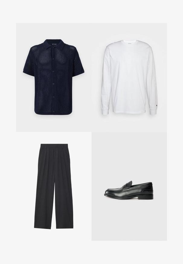 Jūras spēku īsfaču adīta krekla ar teksturētu atvērtu audumu, ar pogām no apakšas un ribotu apkakli un aprocēm. Iespējas sešas pogas.; Balta garām piedurknēm T-kreklā, kas izgatavots no kokvilnas. Arapa kakla dizains ar ribotām aprocēm un mazu logotipu uz kreisās piedurknes. Gluda tekstūra.; Platas piegriezuma bikses no tumši pelēka auduma. Iezīmes - izgriezumi jostasvietā, veidota forma un taisna silueta.; Melnas ādas loafers ar gludu apdari, izšūtiem detaļām pa vampu un nedaudz paceltu papēdi.