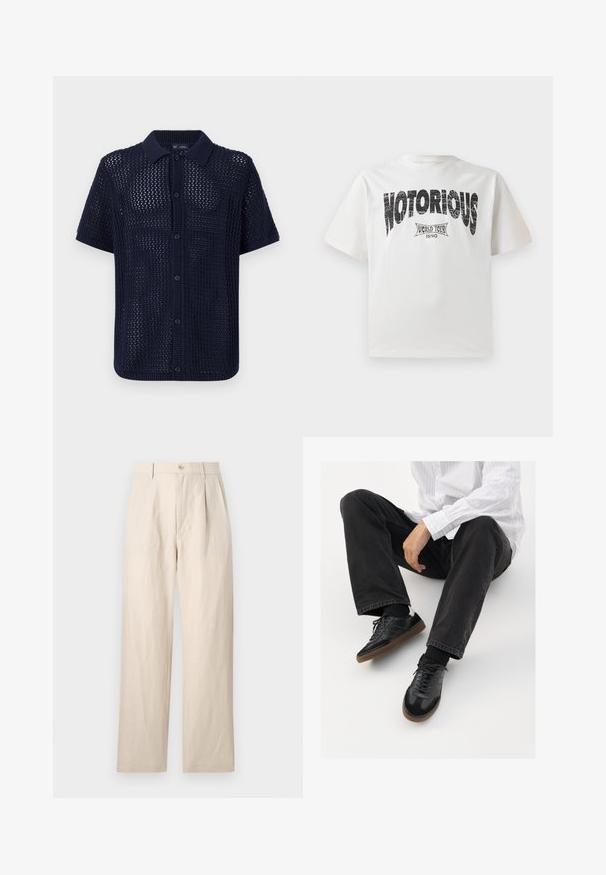 Námořnická pletená košile s krátkým rukávem, s texturovaným otevřeným tkaným vzorem, zapínáním na knoflíky a žebrovaným límečkem a manžetami. Obsahuje šest knoflíků.; Bílý bavlněný tričko s krátkým rukávem, které obsahuje výrazný černý grafický text "NOTORIOUS" a design "WORLD TOUR 1990" níže v opotřebovaném tisku.; Krémové lněné kalhoty s volným střihem, které mají plochý přední díl, jedno tlačítko na zapínání a dvě kapsy. Zmačkaná textura přidává na detailu.; Černé tenisky se hladkým a texturovaným svrškem, s kaučukovou podešví a tmavými šňůrkami. Skombinované s černými džínami a bílou proužkovanou košilí.