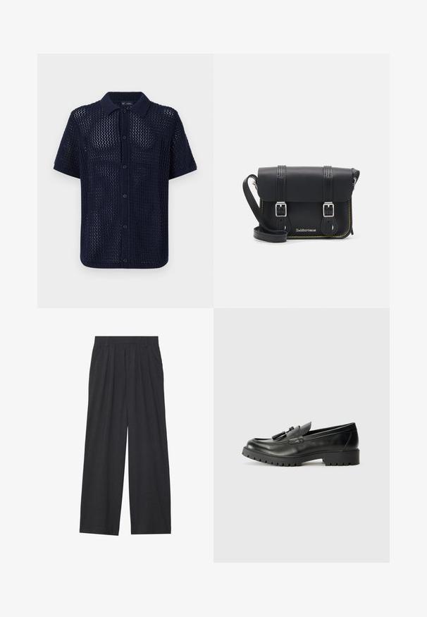 Mornarska kratka pletena majica s teksturiranim odprtim tkanjem, z gumbi spredaj in rebrastim ovratnikom ter manšetami. Ima šest gumbov.; Široke hlače iz temno sive tkanine. Imajo nabore na pasu, prilagojen dizajn in ravno silhueto.; Črne usnjene loaferje z zaobljenim nosom, izrazitim šivom in teksturirano gumijasto podlogo. Imajo dekorativno opremo na vezalkah.; Črna usnjena torba čez ramo s poklopcem, dvema srebrnima zaponkama, rumenim šivom in nastavljivim trakom. Ima gladko teksturo in kompaktno zasnovo.