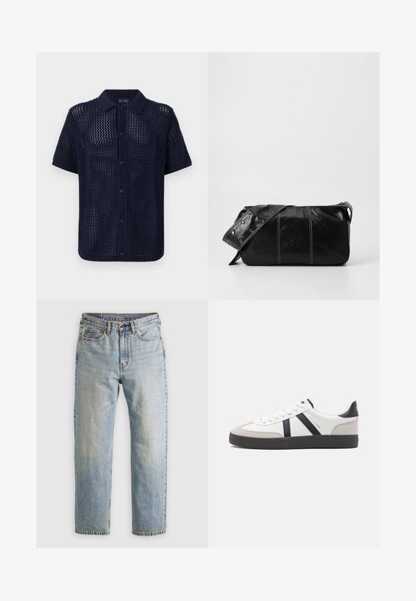 Mornarska kratka pletena majica s teksturiranim otvorenim tkanjem, kopčanje na gumbe sprijeda i rebrasti ovratnik i manžetne. Sadrži šest gumba.; Svijetloplave traperice visoki struk, prednji gumb, zatvarač i dizajn s pet džepova, položene ravno na neutralnoj pozadini.; Bijele tenisice s crnim i sivim detaljima, s teksturiranim sivim zaštitnikom prstiju, crnim gumene potplate i ravnim bijelim vezicama. Čist dizajn, minimalistički stil.; Crna kožna torba preko ramena s zatvaranjem na patentni zatvarač, s teksturiranim tijelom, bijelim šavovima i remenom sa srebrnim okovima.