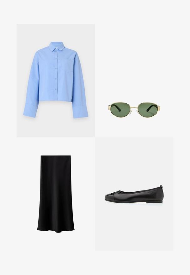 Camicia cropped di colore azzurro chiaro realizzata in tessuto, con chiusura a bottoni sul davanti, ampi polsini e una tasca sul petto con un discreto marchio.; Gonna midi nera realizzata in tessuto liscio e leggero. Presenta una linea dritta, senza componenti visibili e un design semplice senza fantasie.; Ballet flat in vernice nera con punta arrotondata, caratterizzato da un piccolo fiocco davanti e una soletta imbottita per il comfort.; Occhiali da sole con montatura dorata e lenti verdi, forma ovale, stanghette nere e naselli trasparenti. Design pulito e minimalista.; Borsa a tracolla verde oliva con doppie maniglie, texture liscia e accento di logo metallico. Forma arrotondata con pannelli laterali; abbinata a pantaloni blu.
