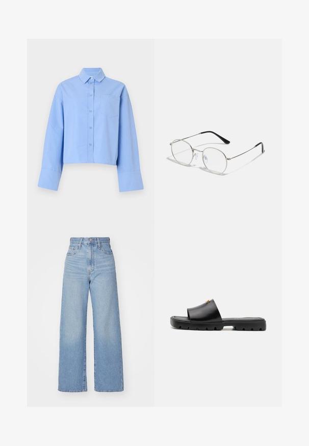Camicia cropped di colore azzurro chiaro realizzata in tessuto, con chiusura a bottoni sul davanti, ampi polsini e una tasca sul petto con un discreto marchio.; Jeans a vita alta blu chiaro con gamba larga, chiusura frontale con bottone e zip, tasche anteriori e posteriori, su uno sfondo bianco.; Mule nere con una tomaia in pelle liscia e opaca e una suola in gomma spessa e testurizzata. Accento in oro notevole sulla tomaia. Design semplice e aperto.; Occhiali da vista rotondi in metallo con una sottile montatura argentata, lenti trasparenti e templi neri con punte in gomma per il comfort. Design minimalista.