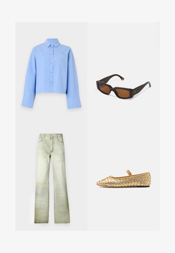 Himmelblaues, kurzes Hemd aus Stoff mit durchgehender Knopfleiste, großen Manschetten und einer Brusttasche mit dezentem Branding.; Ausgebleichte grüne Jeans mit hoher Taille, weitem Bein und abgewetzten Patches. Mit Knopfverschluss und fünf Taschen ausgestattet.; Loeffler Randall LEONIE SOFT BALLET FLAT - Riemchenballerina - gold; Rechteckige braune Sonnenbrille mit einem dunkelbraunen Kunststoffrahmen. Verfügt über braun getönte Linsen und goldene Akzente an den Bügeln.