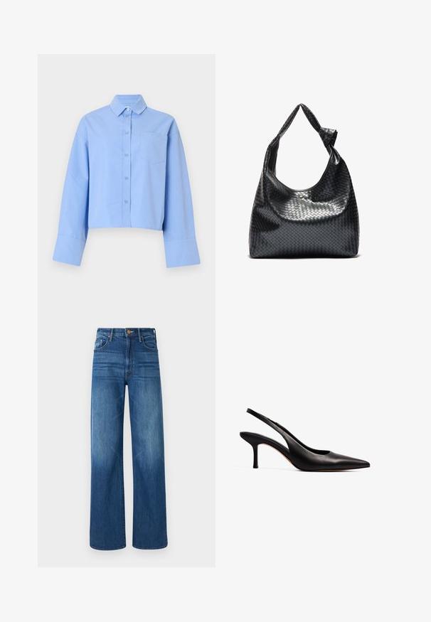 Lichtblauwe cropped shirt van stof, met een knoopsluiting aan de voorkant, grote manchetten en een borstzak met subtiele branding.; Mother THE LASSO SNEAK - Relaxed fit jeans - dark blue denim; NA-KD Klassieke pumps - black; Zwarte geweven lederen handtas met een slouchy ontwerp, voorzien van een geknoopte schouderband en een kleine decoratieve gouden stud aan de bovenkant.