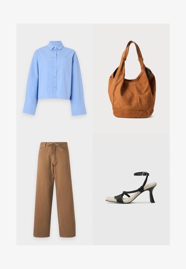 Šviesiai mėlynas sutrumpintas marškinėlių ilgis, pagaminti iš audinio, su sagomis priekyje, dideliais rankogaliais ir krūtinės kišene su subtiliu ženklu.; Rudos plačios kojos kelnės, pagamintos iš medvilnės, su raišteliu liemenyje ir dviem priekinėmis kišenėmis. Tekstūruota medžiaga su lygia apdaila.; Juodų aukštakulnių sandalų su pintu dirželiu dizainas, kvadratine nosimi ir reguliuojamu kulkšnies dirželiu. Šviesiai bežė padas su blizgiu juodu kulnu.; Rudas zomšinis petinis krepšys su minkštu paviršiumi, išlenkta forma ir dviem rankenomis. Ypatybių sąraše minimalus dizainas be matomų metalinių detalių ar akcentų.