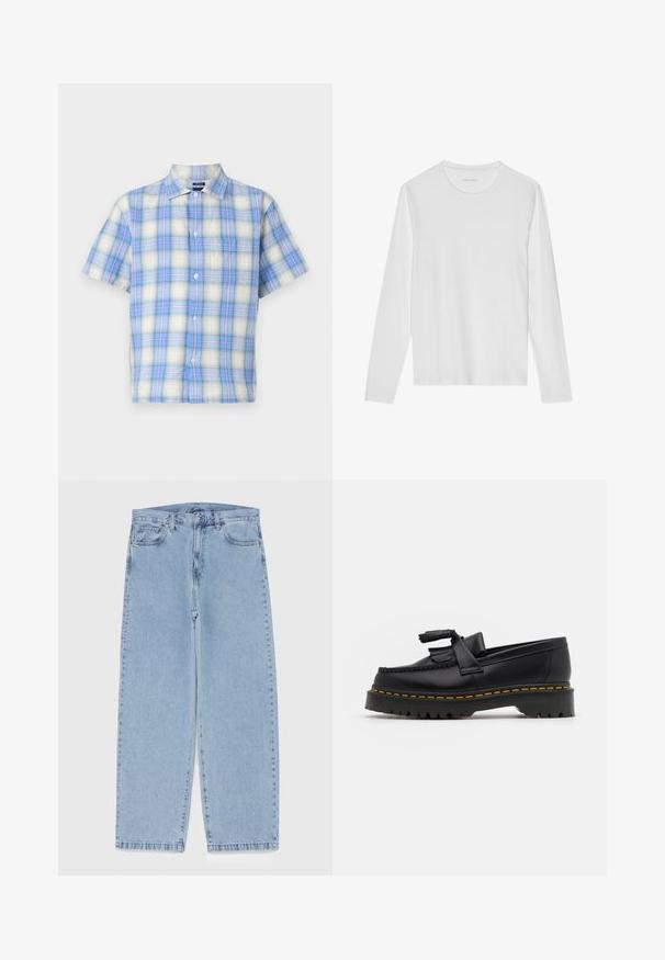 Kortermet skjorte i lett stoff, med blå og hvit rutete mønster og lyserosa detaljer. Inkluderer brystlomme og knapper.; Langermet hvit T-skjorte laget av myk stoff, med rund hals og enkel design uten synlige mønstre eller detaljer.; Lyseblå denimjeans med rett ben-design, med mid-rise liv, fem lommer og knap og lynlås lukning.; Svart skinn loafers med en kvastdetalj, med en tjock svart sula och gul sömnad längs kanten. Texturerad yta.