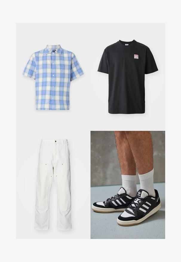 Lyhythihaisessa paidassa on kevyttä kangasta, jossa on sinivalkoinen ruudullinen kuosi vaaleanpunaisten yksityiskohtien kera. Paita sisältää rintataskun ja napit.; Mustat puuvillapaidat, joissa on pyöreä kaula-aukko, lyhyet hihat ja pieni värillinen etiketti vasemmassa rinnassa, jossa on sanat "SUPERIOR."; Valkoiset puuvillaiset cargo-housut, joissa on rento istuvuus. Ominaisuuksiin kuuluvat etutaskut, kultaiset yksityiskohdat ja vahvistetut polviosat.; Valkoiset ja mustat tennarit, joissa on mokkanahka- ja nahkapäällinen, kolme valkoista raitaa, rei'itetty kärki ja kumipohja.