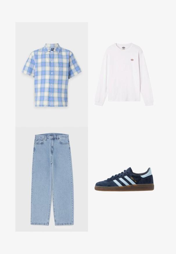 Lyhythihaisessa paidassa on kevyttä kangasta, jossa on sinivalkoinen ruudullinen kuosi vaaleanpunaisten yksityiskohtien kera. Paita sisältää rintataskun ja napit.; Valkoinen pitkähihainen t-paita, joka on valmistettu puuvillasta. Siinä on pieni pyöreä monivärinen logo rinnassa. Yksinkertainen muotoilu, jossa on ribattu hihansuu.; Vaaleansiniset farkut suoran lahkeen muotoilulla, joissa on puolivälin vyötärö, viisi taskua sekä nappi- ja vetoketjusuljenta.; Adidaksen tummansininen mokkanahkakengät vaaleansinisin raidoitta, kumipohja, vaaleansininen kantatuki ja kultainen "Spezial" -merkintä sivussa.