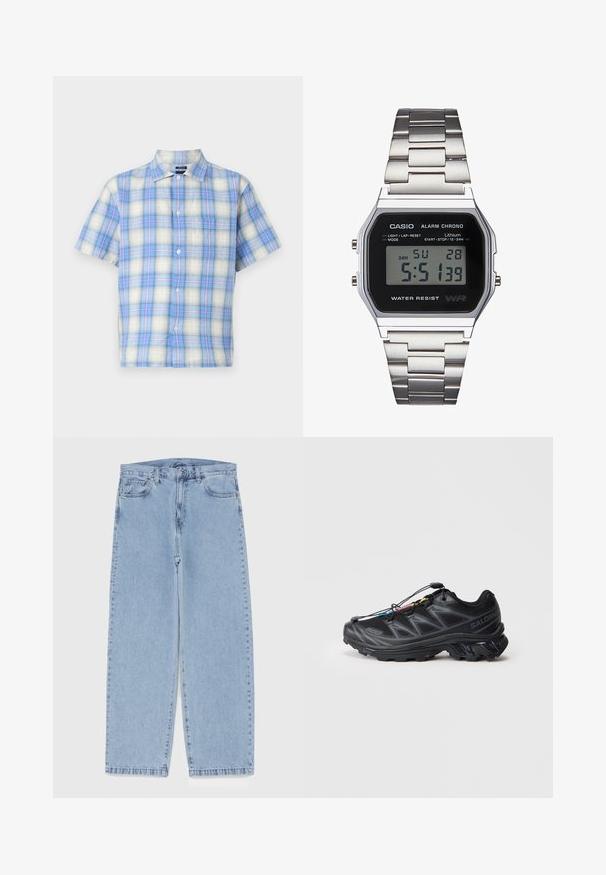 Korte mouwen shirt van lichtgewicht stof, met een blauw-witte ruitpatroon en lichte roze accenten. Inclusief een borstzak en knopen.; Lichtblauwe denim jeans met een recht model, voorzien van een middelhoge taille, vijf zakken en een knoop- en ritssluiting.; Zwarte sportieve schoen met een gestructureerd mesh bovenwerk, versterkte neus en een snel-vetersysteem. Beschikt over een robuuste buitenzool en een lichte hakverhoging.; Digitale Casio-horloge met een zwart wijzerplaat, een zilveren roestvrijstalen band, rechthoekige kast en knoppen voor verlichting, ronde-reset en modusinstellingen.