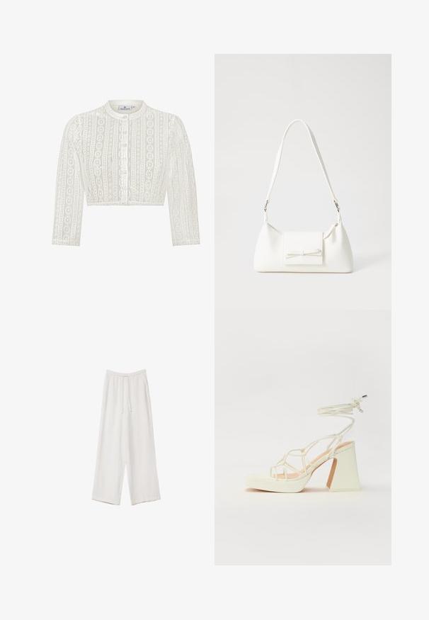 White lace cropped cardigan with a round neckline, long sleeves, button closures, and vertical floral patterns. Soft texture, delicate design.; White wide-leg trousers made from a lightweight fabric. Features an elastic waistband with a drawstring and side pockets. Smooth texture.; White high-heeled sandal with a chunky heel, featuring a strappy design and ankle tie. Smooth texture with a platform front for added height.; White synthetic handbag with a triangular shape, flat front flap and bow detail, adjustable strap, smooth texture, and minimalistic design.