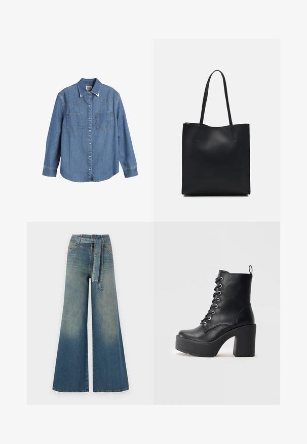 Lyseblå denimskjorte med lange ermer, spiss krage, to brystlommer og kontrasterende søm. Har et vestlig stil yoke-design.; Bredde ben jeans med en lyseblå til mørkeblå gradient, høyt liv, beltehemper og et matchende belte i samme stoff. Teksturert denimoverflate.; Sorte læder ankelstøvle med en kraftig blokhæl, snøre foran og tekstureret overflade. Har en flap på bagsiden for nem påtagning.; Svart lær tote bag med glatt tekstur, rektangulær form og to lange håndtak. Ingen synlige deler eller dekorasjoner.