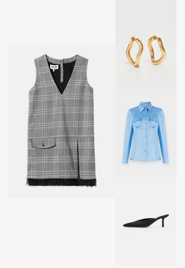 Light blue satin button-up shirt with long sleeves, two front pockets, and a pointed collar. Features pearlized buttons and a smooth texture.; Gray plaid sleeveless dress with a V-neck, side pocket, and lace trim at the hem. Features a black lining and button closure at the back.; Black pointed-toe mule with a sleek design, made of smooth fabric, featuring a slender heel and open back for easy wear.; Gold-colored hoop earrings with a curved, irregular shape and a smooth, polished texture. No visible hardware or accents.