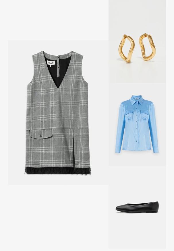 Ljusblå satin skjorta med knappar, långa ärmar, två framfickor och krage med spets. Har pärlemorknappar och en slät yta.; Grå rutigt ärmlöst klänning med V-ringning, sidoficka och spetsdetalj vid fållen. Har en svart foder och knappstängning bak.; Paul Smith TOPANGA - Ballerinaskor - black; Guldgalvaniserade hoopörhängen med en böjd, oregelbunden form och en slät, polerad yta. Inga synliga detaljer eller dekorationer.
