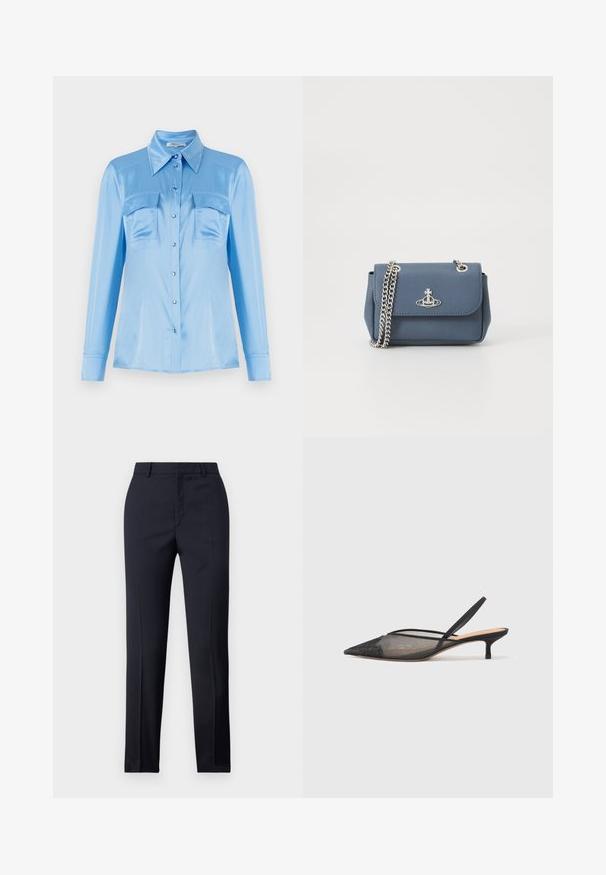 Lichtblauwe satijnen overhemd met lange mouwen, twee voorzakken en een puntige kraag. Voorzien van parelmoeren knopen en een gladde structuur.; Marineblauwe, op maat gemaakte broek met een rechte snit, met een gladde textuur, twee zijzakken en een schone tailleband.; NEOUS IRENA - Klassieke pumps - black; Blauwe textuur neplederen handtas met een zilveren kettingriem en een logo-accent aan de voorkant. Sluiting met een klapontwerp.