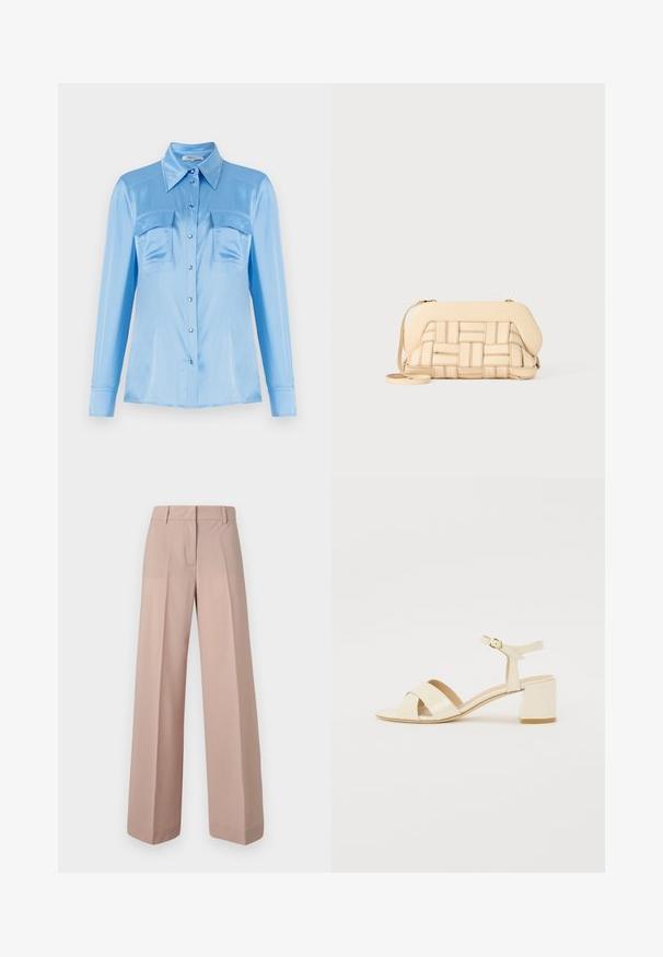 Lichtblauwe satijnen overhemd met lange mouwen, twee voorzakken en een puntige kraag. Voorzien van parelmoeren knopen en een gladde structuur.; Wijde broek in een zachte roze stof, met een rechte voorkant, een tailleband met lussen voor een riem en een gladde textuur.; Beige gepolijst lederen sandalen met hakken, voorzien van een kruisbandontwerp, open teen, verstelbare enkelband en een blokhak. Gladde textuur.; Geweven beige handtas met een gestructureerd ontwerp, voorzien van een gladde bovenkant en een lange schouderband. Textuurdetails verbeteren het algehele uiterlijk.