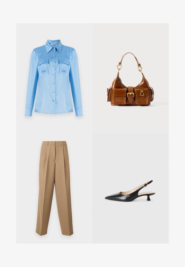 Šviesiai mėlynas satino marškiniai su ilgomis rankovėmis, dviem priekinėmis kišenėmis ir smailiu apykakle. Savybė yra perlamutriniai mygtukai ir lygus paviršius.; Bežinės pritaikytos kelnės su aukštu liemeniu, raukšlėtu priekiu ir plačiomis kojomis. Audinys atrodo lygus, su nedideliu blizgesiu.; Juodas odinis kulniukų batelis su smailiu nosiu ir auksinėmis sagtimis šoninėje juostoje, ant balto fono.; Ruda odinė rankinė su išlenkta forma, dvigubais auksinės spalvos detalėmis, dviem priekiniais kišenėmis ir plačia dirželiu. Lygi tekstūra su blizgiu paviršiumi.