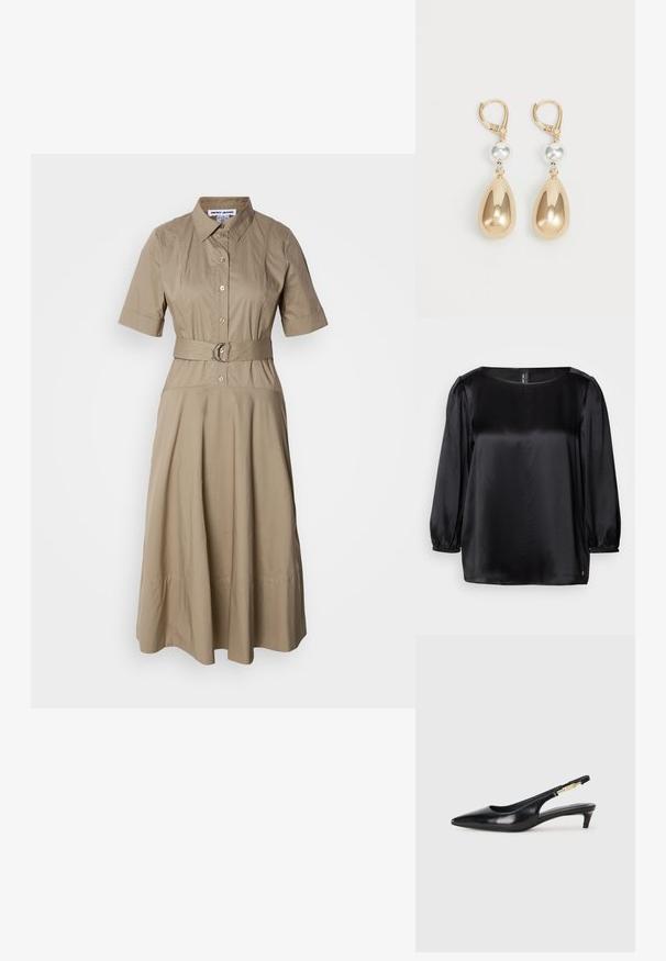 Čierna saténová blúzka so štvorcovým výstrihom, dlhými puff rukávmi s elastickými manžetami a priamym lemom. Hladká textúra a štýlový, minimalistický dizajn.; Khaki košeľové šaty so širokým opaskom, límcom, krátkymi rukávmi, zapínaním na gombíky a voľnou sukňou s jemnými plisovanými detailmi. Hladká bavlnená látka.; Čierne kožené slingback opätky s špicatou špičkou, s úzkym opätkom a zlatým detailom na nastaviteľnom remienku. Hladká textúra.; Čierna kožená taška s textúrovaným povrchom, uzlovými detailami na rúčkach a zlatým logom na spodnej strane. Má voľný tvar.; Zlaté visací náušnice v tvare slzy, s lesklým kovovým povrchom a striebornou korálkou ako akcentom.
